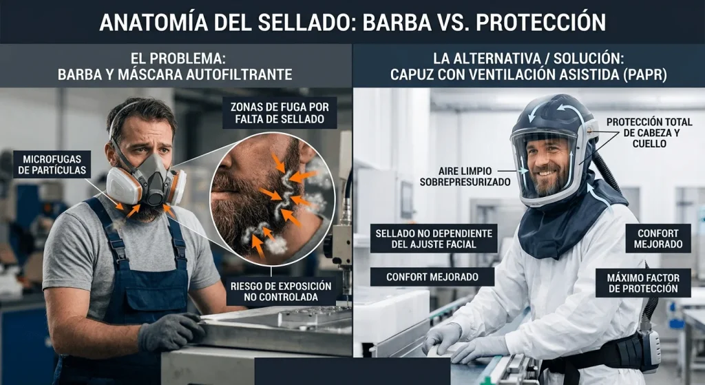 Trabajador con barba junto a equipos de protección respiratoria, ilustrando la incompatibilidad del vello facial con las máscaras de ajuste ceñido.