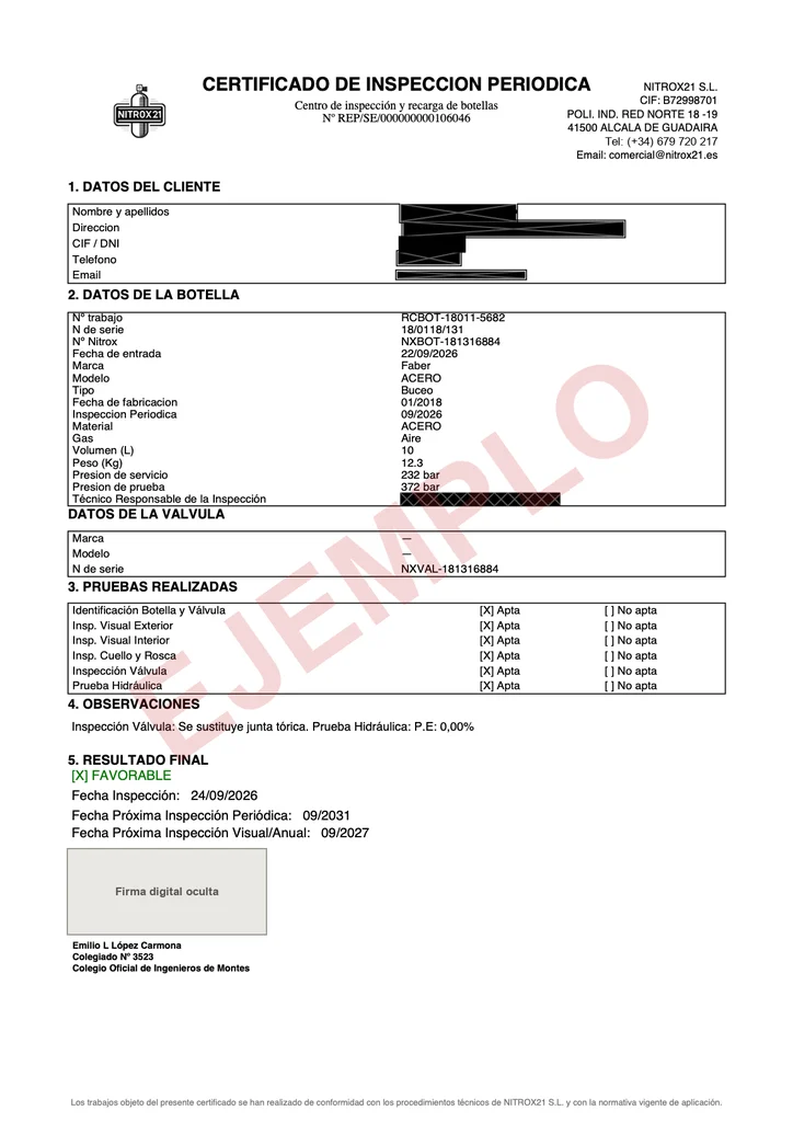 Ejemplo de certificado de inspección periódica de una botella de buceo emitido por NITROX21, con los datos de la botella y su válvula, el resultado de cada prueba, la expansión permanente medida y las fechas de las próximas inspecciones. Los datos del cliente y la firma están ocultos.